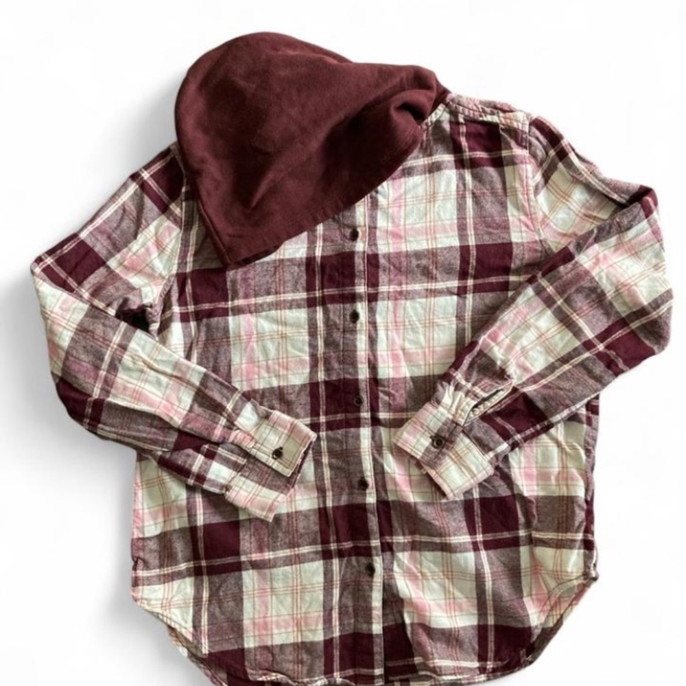 SO Burgundy and Pink Plaid Button Down Shirt with Hood